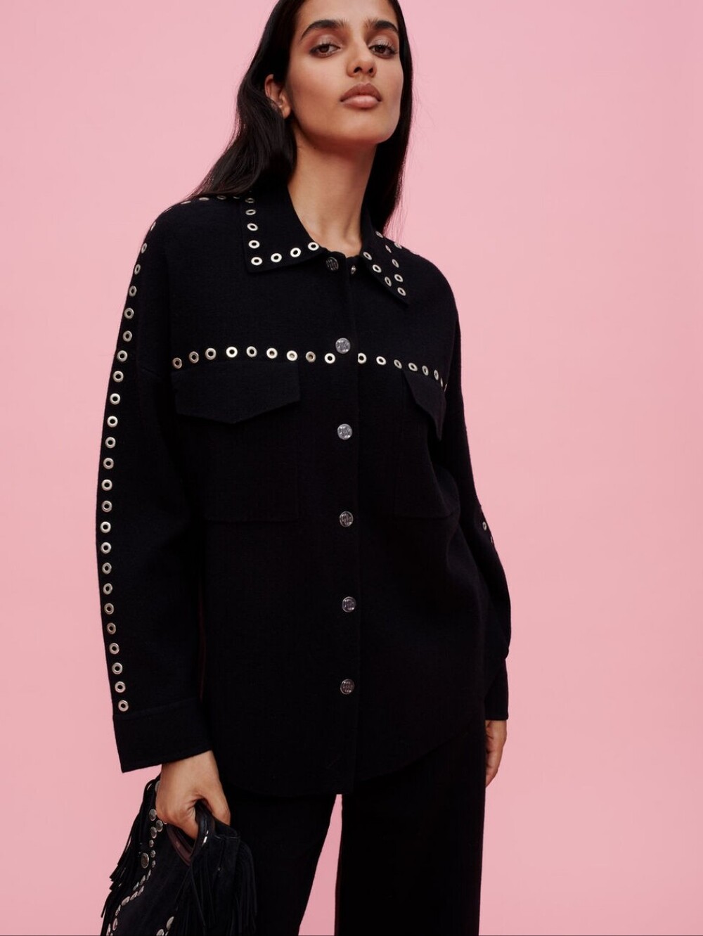 Maje Oversized Knit Jacket Overshirt Grommet Details